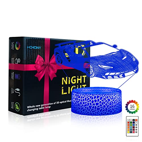 Image of i-CHONY Sport Car Night Light, 3D Optical Illusion Lamp,16 Colors Dimmable Touch Table Lamp, Bedside Lamp, Race Car Gifts, Holiday, Nursery, Home Decor, Xmas