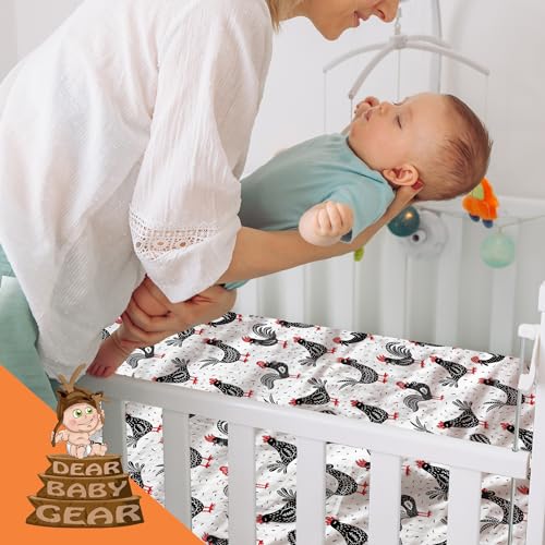 Image of Dear Baby Gear Deluxe Crib Sheet - Farm Design Soft Cotton Polyester Baby Bedding - Infant Bed Sheets - Toddler Mattress Protector (Chickens & Roosters Black White & Red Print, 52x28x10)