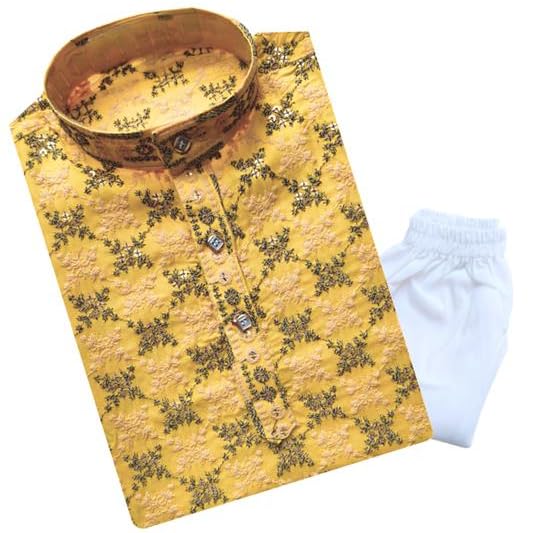 Image of TinySteps Boys' Ethnic Wear - Cotton Lakhnavi Chikan Kurta with Golden Sequence Work and Elastic Waist White Cotton Pajama - Festive & Wedding Outfit