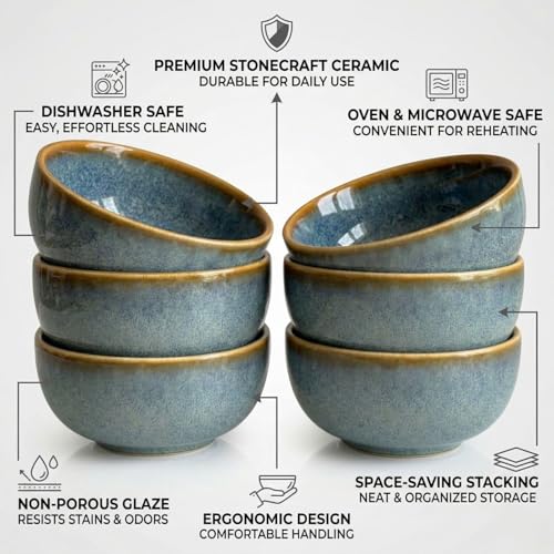Image of Freakway Ceramic Bowls, Reactive Teal Green, Set of 6, 180ml, Microwave and Dishwasher Safe, for Serving Dal, Cereal, Snacks