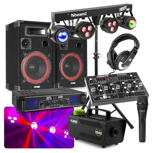 MAX SKYTEC Pack Disco DJ - Enceinte 500W, Jeux de Lumière sur Barre en T Contrôle par Télécommande, Amplificateur 2X 250W, Machine à Fumée avec Liquide Inclus,...