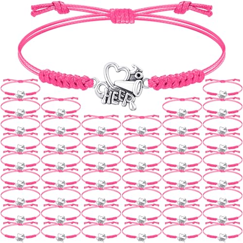 Image of Inbagi 48 Pcs Cheer Team Gifts Bulk Cheerleader Bracelet Party Favors | Adjustable, Jewelry Accessories, Squad Gifts for Team Members, End of Season Appreciation, Braided Cord with Heart Charm