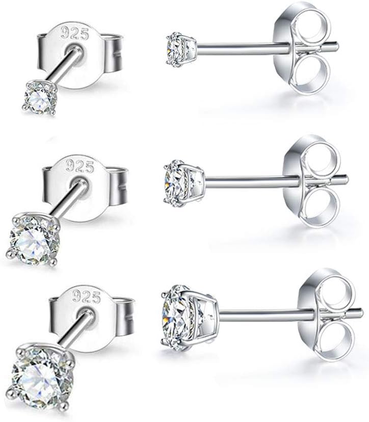 2-8mm Sterling Silver Cubic Zirconia Stud Earrings Set Hypoallergenic Tiny Round Ball 14K White Gold Plated Round Cut CZ Simulated Diamond Cartilage Studs for Women Men