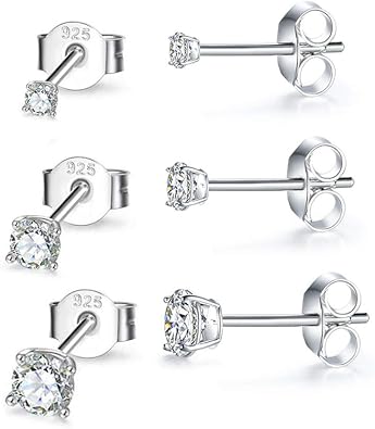 MASOP VOGU 2-8mm Sterling Silver Cubic Zirconia Stud Earrings Set Hypoallergenic Tiny Round Ball 14K White Gold Plated Round Cut CZ Simulated Diamond Cartilage Studs for Women Men
