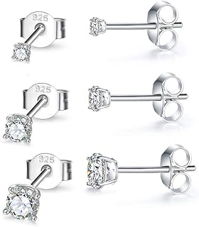 2-8mm Sterling Silver Cubic Zirconia Stud Earrings Set Hypoallergenic Tiny Round Ball 14K White Gold Plated Round Cut CZ Simulated Diamond Cartilage Studs for Girls Women Men