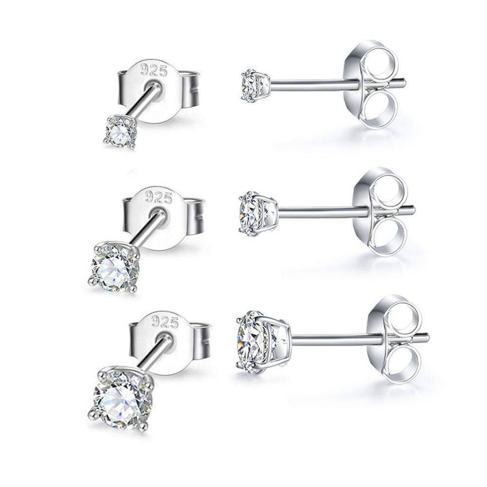 MASOP VOGU 2-8mm Sterling Silver Cubic Zirconia Stud Earrings Set Hypoallergenic Tiny Round Ball 14K White Gold Plated