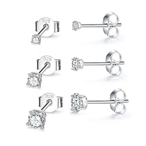 MASOP VOGU 2-8mm Sterling Silver Cubic Zirconia Stud Earrings Set Hypoallergenic Tiny Round Ball 14K White Gold Plated