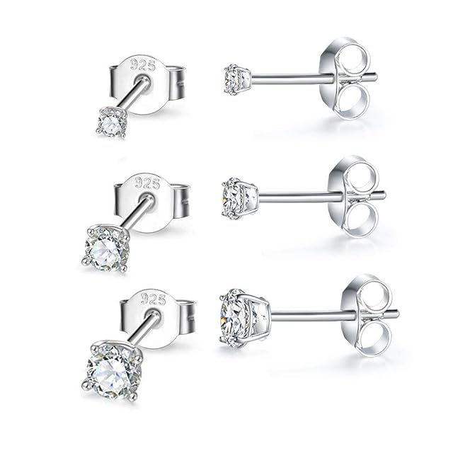 MASOP VOGU 2-8mm Sterling Silver Cubic Zirconia Stud Earrings Set Hypoallergenic Tiny Round Ball 14K White Gold Plated