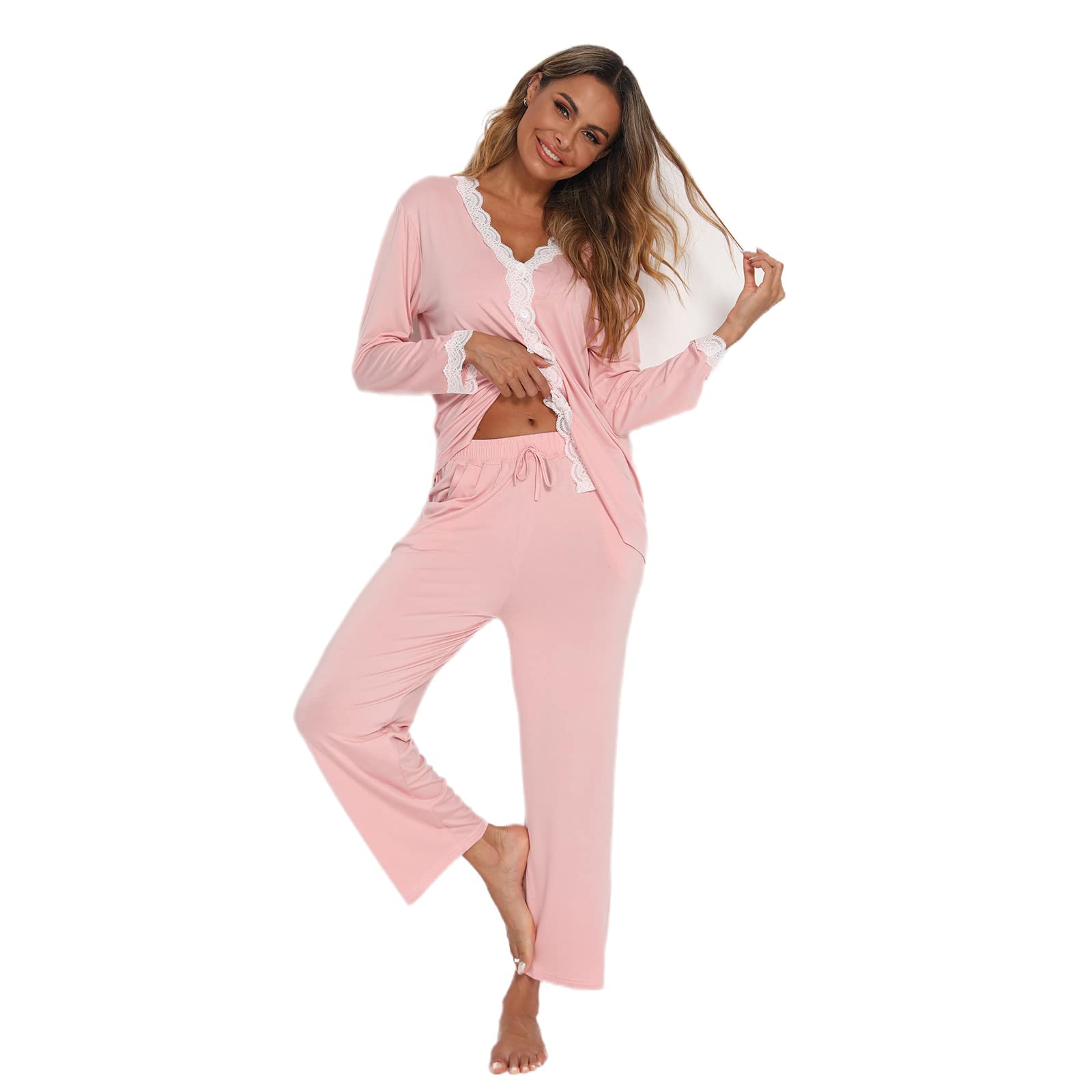 Jecarden Pyjama deux pièces à manches longues en coton modal, bord en dentelle, pour femmes et filles