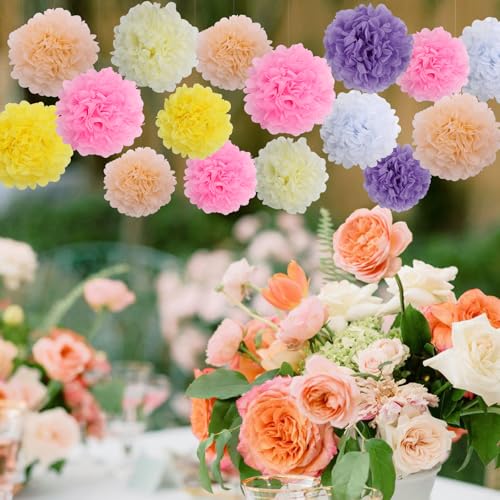 Image of BestoFun 16 PCS Light Color Party Decorations Tissue Paper Flowers Pom Poms Decorations for Girl Groovy Birthday Baby Shower Wedding Bachelorette Room Wall Hanging Decor