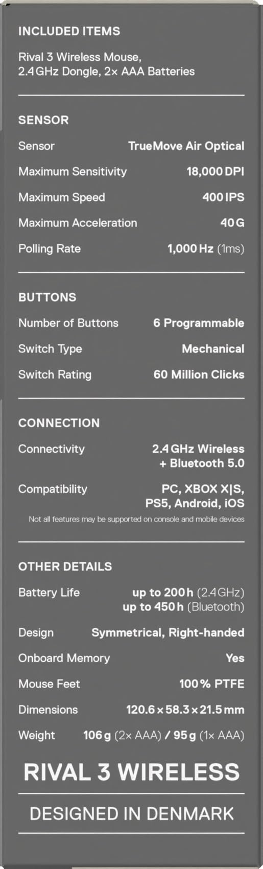 SteelSeries mysz do gier Rival 3 Wireless Gen 2 – 2,4 GHz i Bluetooth – Sensor optyczny TrueMove Air 18 000 DPI – Wytrzymała do 60 milionów kliknięć – Niska waga – Ślizgacze 100% PTFE - Aqua