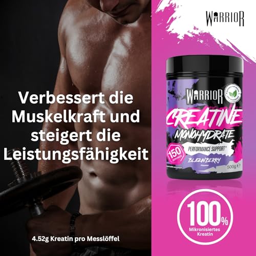 Warrior Creatin Monohydrat Pulver 500 g, Kreatin Vegan – Blazin Berry 3 g pro Portion, 150 Portionen, mikronisiert, angenehmer Geschmack… – Ansicht 6