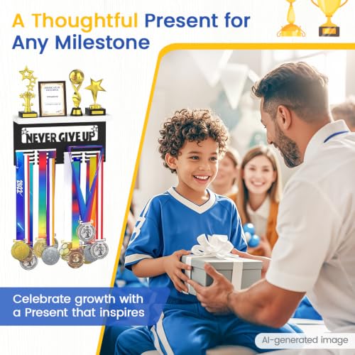 Image of Medal Holder Display Trophy Shelf Organizer, Sturdy Wooden Race Award Hanger Rack with 25 Steel Hooks, Wall Mount Storage Stand for Sports Fans, Cheer Success