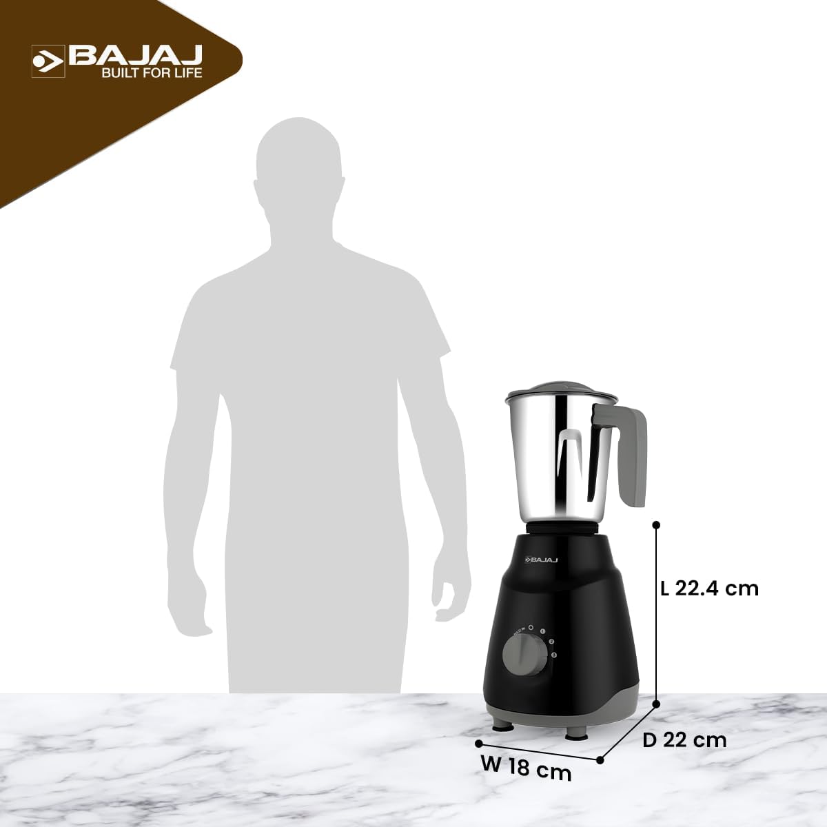 Bajaj ABS Rex Ninja Series 500W Mixer Grinder | DuraCut Lame, 2-in-1 Funzione Lama in barattolo asciutto | Garanzia 2 anni | Nero/Grigio | (spina indiana)