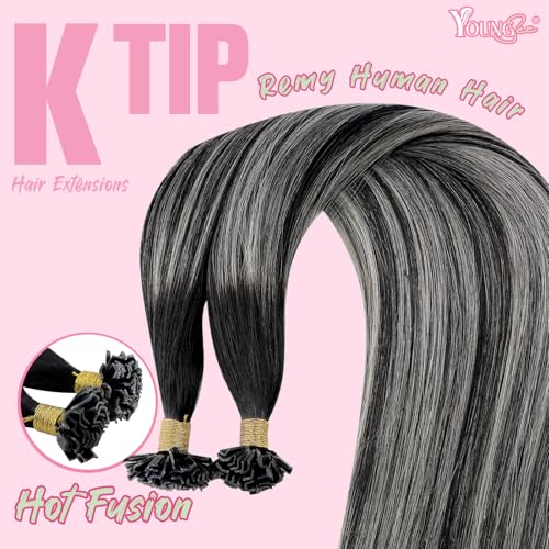 Image of YoungSee K Tip Extensions Human Hair Ombre Remy Ktip Hair Extensions Natural Black Roots to Silver Grey Balayage Ktip Human Hair Extensions Long for Women 24inch 50g 50s