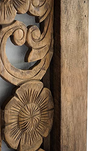 Hand Carved Queen Size Headboard, Wall Mounted Mandala Wooden Panels, Weathered Brown Rustic Barn Finish, 68 Inches #TOP2