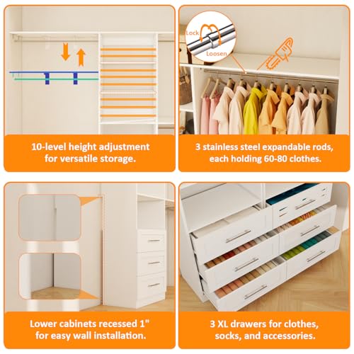 Closet System with 6 Wood Drawers, 5.3FT-8FT-12.3FT Closet Organizer System Storage Storage Adjustable with 6 Cuttable Shelves & 6 Expandable Hanging Rods, Walk in Closet, 2 Sets , White - Image 5