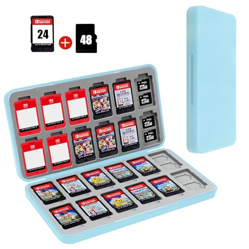 Image of FYY Nintendo Switch Game Case Holder for Switch 2 Cartridge Case with 24 Game Card Slots & 48 Micro SD Card Slots, Hard Shell, Silicone Lining Light Blue