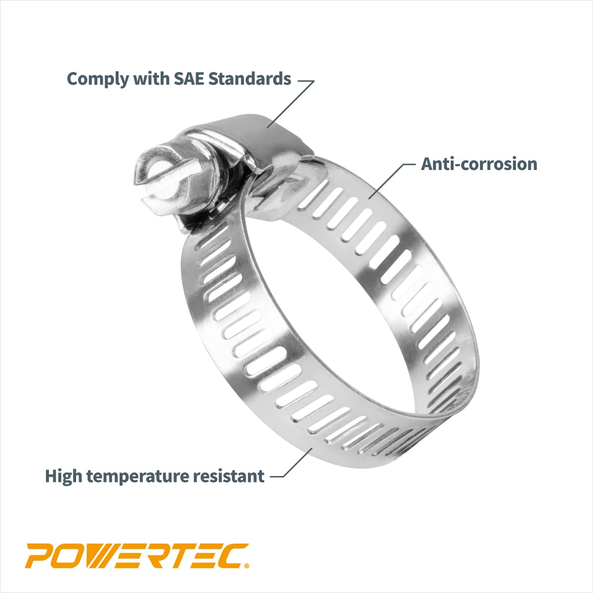 POWERTEC 50105 Abrazaderas de manguera de accionamiento sin fin de 3/8 pulgadas de ancho de banda | Capacidad de sujeción de 1/2 a 1 pulgada | SAE Tamaño 8 | Acero inoxidable de precisión - Paquete de