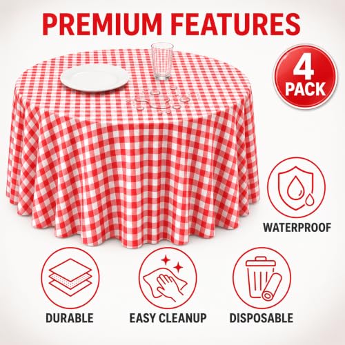 Image of WNINK 4 Pack Red Gingham Round Tablecloth, 84 Inch Disposable Plastic Table Covers, Red Checkered Round Table Cover for Birthday Parties, Holiday, Picnic, BBQ, Family Gathering Party Supplies