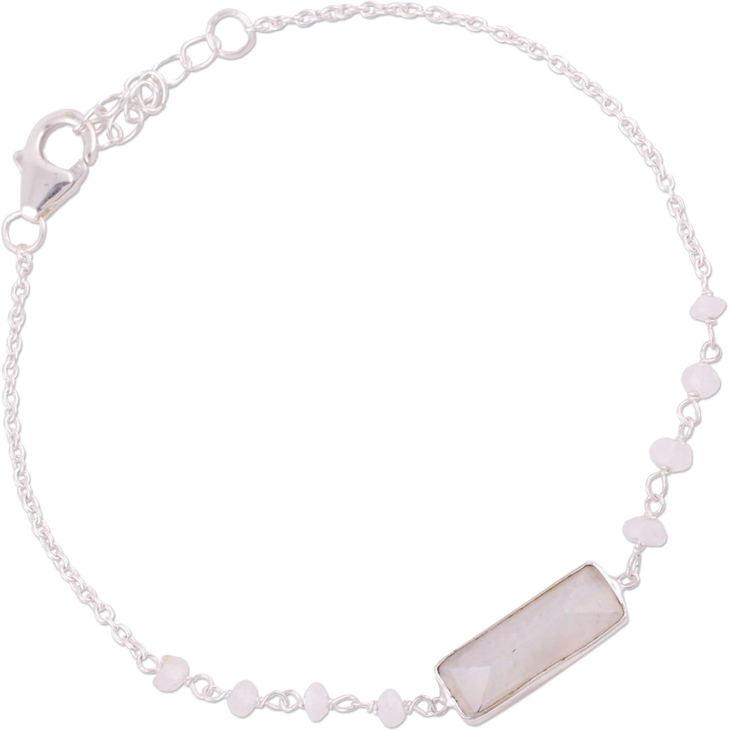 NOVICA Artisan Handmade Rainbow Moonstone Beaded Pendant Bracelet | Sterling Silver | Clear | Adjustable 7.25-8 in L | India