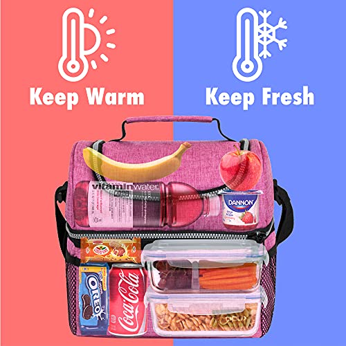 Opux Insulated Dual Compartment Lunch Bag For Women, Ladies | Double Deck Reusable Lunch Box Cooler With Shoulder Strap, Leakproof Liner | Medium Lunch Pail For School, Work, Office (Heather Pink) #TOP1