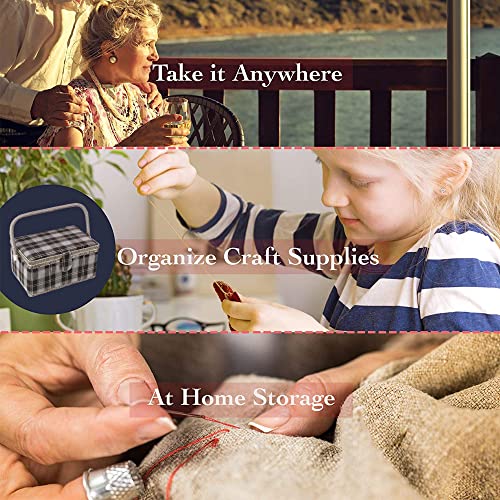 Sewing Basket With Floral Print Design - Sewing Kit Storage Box With Removable Tray, Built-In Pin Cushion And Interior Pocket - By Adolfo Design (Large - 12" X 9" X 6", Dark Gray Plaid) #TOP4