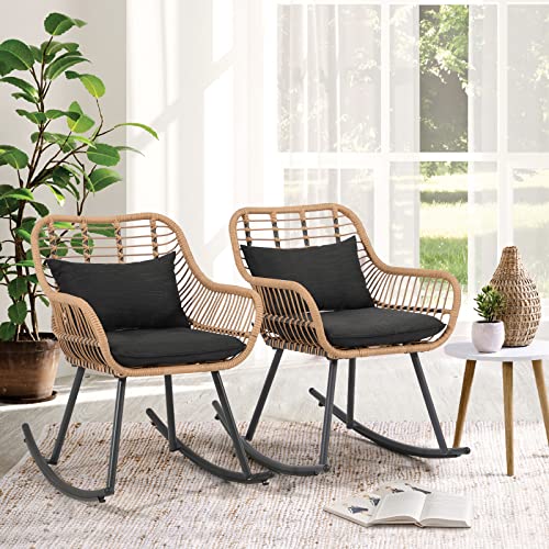 Joivi Patio Wicker Rocking Chairs Set Of 2, Outdoor Rattan Rocking Chairs With Pillows And Cushions, Front Porch Rocker With Iron Frame, Patio Lawn Garden Furniture (With Pillows) #TOP1