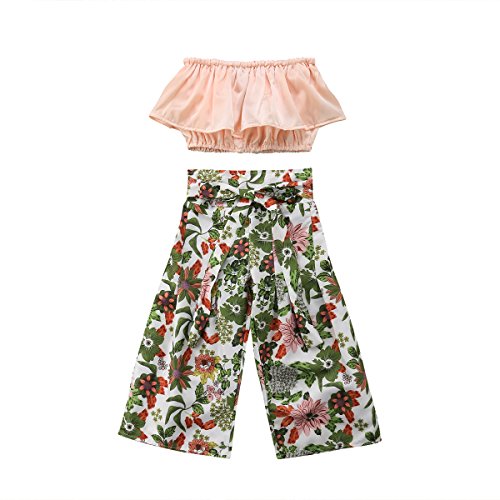 sweetyhouse Toddler Baby Girls 2Pcs Set,Kids Ruffle Vest Crop Tops+Floral Wide Leg Pants