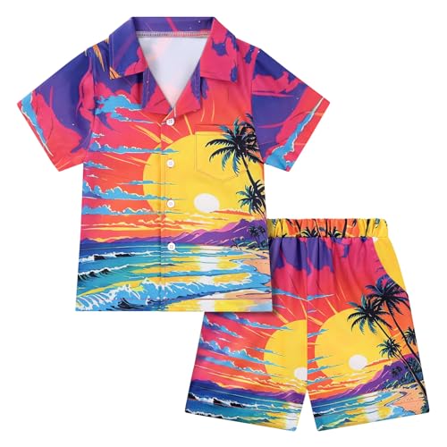 Image of Weixinbuy Boys Summer Outfits Short Sleeve Hawaiian Shirt and Shorts Vacation Set for Kids Summer Clothes Set