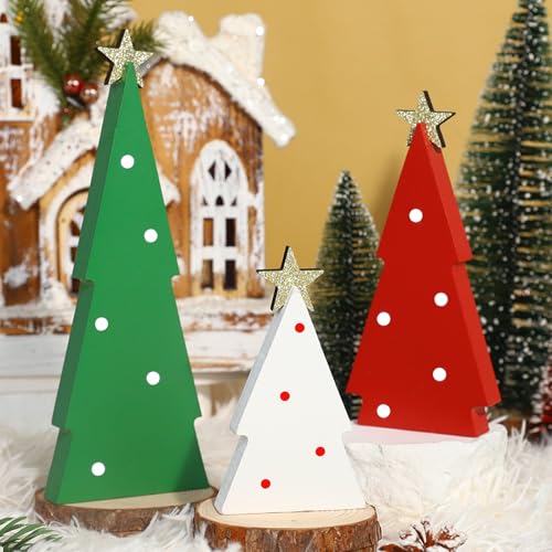 Christmas Decorations Indoor, 3PCS Christmas Trees Decorations Table Shelf Decor Wooden Sign Centerpieces with Glitter Star for Home Office Mantel Tabletop Fireplace Party Decor