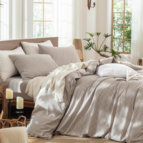 Image of MooMee Gingham Duvet Cover Set 100% Washed Cotton Linen Like Textured Breathable Durable Soft Comfy Modern Checkered Design (Mini Gingham Brown, Queen 90 inchx90 inch)