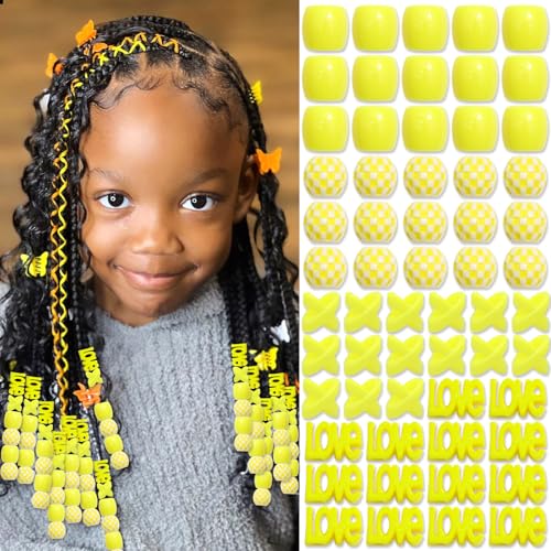 NAISKA 60PCS Hair Beads for Kids Multi Shape Yellow Circle Hair Jewelry for Braids Loc Dreadlock Accessories Hair Tube Decoration Hair Cuffs DIY Braid Clips for Women and Girs