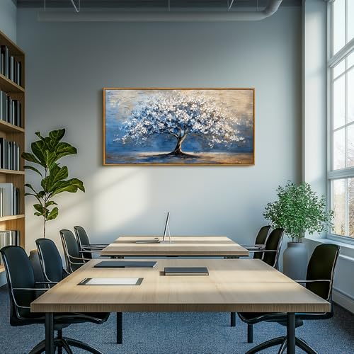 SERIMINO Tree of Life Wall Art, Large Framed Wall Art, Blue Tree Abstract Painting Art Prints, Nature Plant Canvas Art Wall Decor, Modern Neutral Pictures for Living Room Bedroom Office Hotel 24"X48"