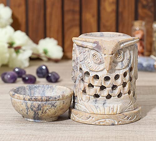 Crocon Soapstone Owl Burner For Home Living Room Decor - Tealight Holder - Candle Stand - Handmade Oil Burner - Aromatherapy Meditation Oil Diffuser - Spa Home Fragrance Decorative Size 2.7X4 Inch #TOP1