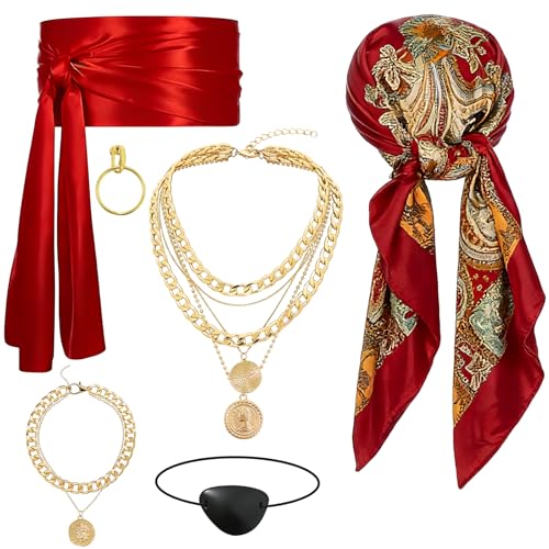 MAJOYLIFE Piratenkostüm Damen Piraten Damen Zubehör Enthält Kopftücher Halsketten Augenmasken Armbänder Ohrringe und Gürtel geeignet für Karneval und Rollenspiele auf Partys. (Stil 1)