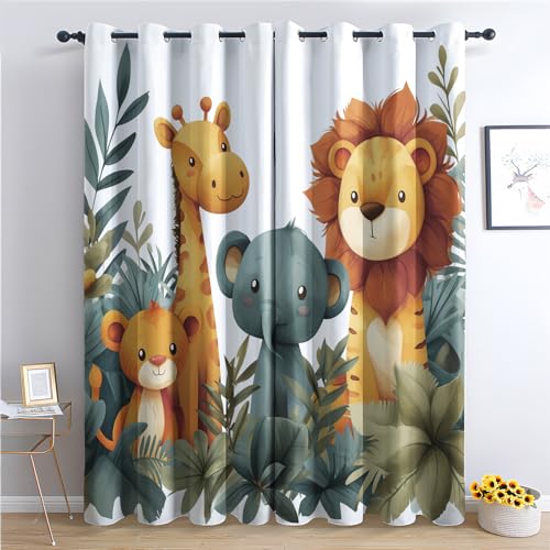 Curtains Jungle Animal Curtains for Bedroom Living Room, Giraffe Elephant Lion Blackout Curtains & Home Decor, Patterned Window Treatments, Grommet Drapes 84 Inch Length 2 Panels Set (D&-2678)