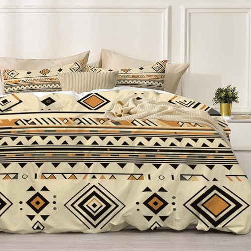 Linge de lit imprimé triangle carré aspect géométrie bordure ton terre