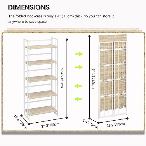 4Nm No-Assembly 5 Tiers Folding Bookshelf Storage Shelves Vintage Bookcase Standing Racks Study Organizer Home Office - Natural And White #TOP2