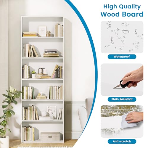 Image of GRUSIGN 71 inch Tall 6-Tier Bookshelf, Large Open Display Bookcase with Ample Storage, Floor Standing Book Shelf for Living Room, Home Office, Bed Room, White