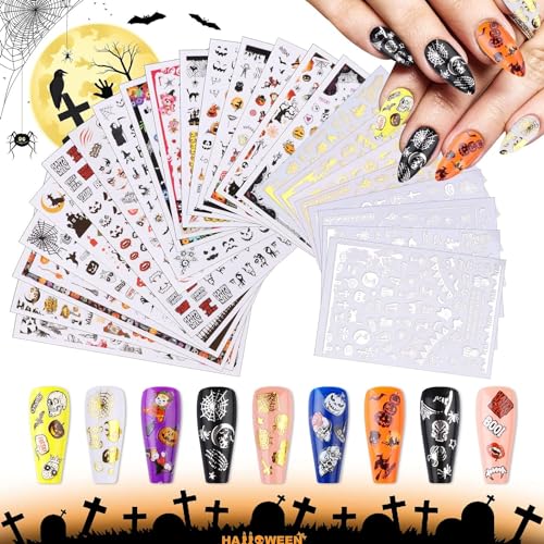 Kalolary 24 Sheets Halloween Nail Art Stickers Decals 3D Self-Adhesive Gold Silver Nail Art Stickers Pumpkin Moon Star Bat Spider Skull Ghosts Tattoos for Halloween Nail Art DIY Decoration