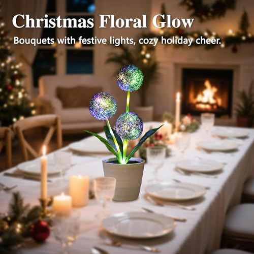 Image of Artificial Purple Allium Flower Lamp, Color Changing LED Light with White Pot, Battery Powered for Bedroom Wedding Christmas, Gifts for Women Mom Grandma Girlfriend on Birthday Christmas Valentines