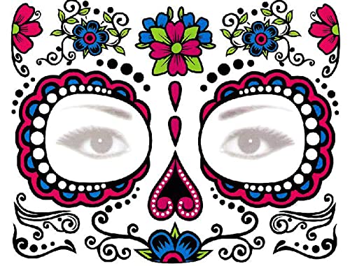 Day of Dead Face Tattoos, 6-Sheet Sugar Skull Tattoos Temporary Stickers and 3-Sheet Fake Floral Black Skeleton Web Full Face Mask Tattoo for Women Girls Kids Holloween Face Makeup - Image 5