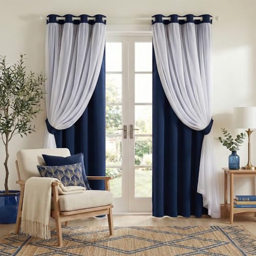 Image of PONY DANCE Navy Blue Double Layered Curtains with Sheer Overlay, 52W x 84L