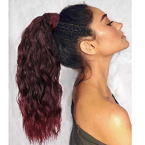 Stamped Glorious Long Corn Wave Ponytail Extension Magic Paste Heat Resistant Wavy Synthetic Wrap Around Ponytail Black Hairpiece for Women (14 Inch, 14 Inch-T2-99J)
