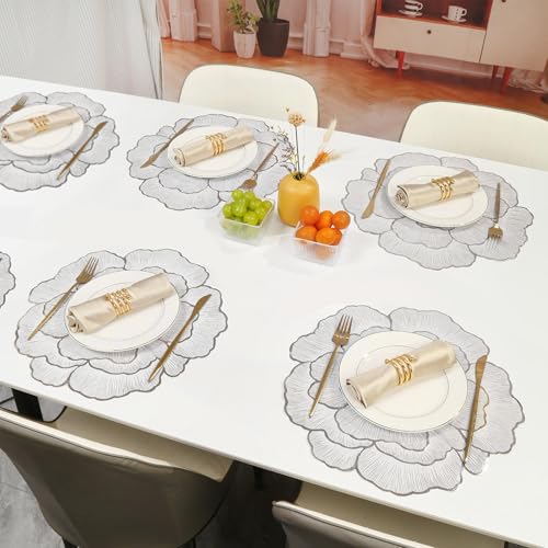 Image of Yellow Weaves 1 Pc PVC Round Table Placemat, Dining Table Mat, Stain Resistant, Anti-Skid, Waterproof, Washable, Dining, Kitchen, Restaurant Table Set Easy to Clean, Durable (Floral Silver)