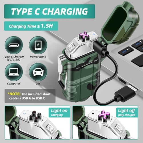 Image of LcFun Arc Lighter, Waterproof Windproof, Type C USB Rechargeable, Dual Arc Plasma, Flameless Electric Lighter with Flashlight, Camouflage, Plastic, Tactical