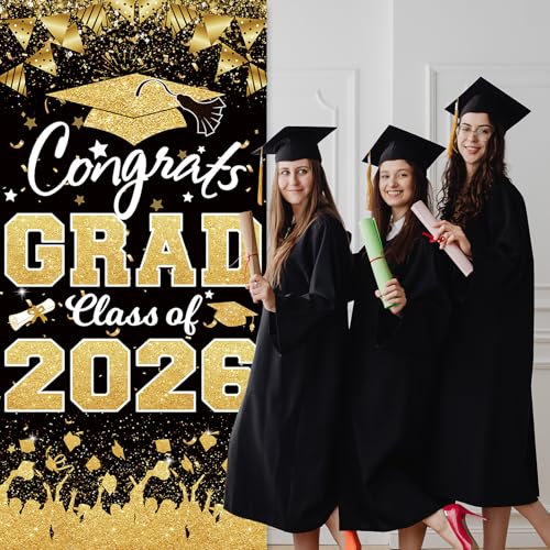2026 Graduation Party Decorations - Black Gold Congrats Grad Class of 2026 Banner Graduation Party Supplies Front Door Porch Sign Banner Backdrop Wall Decor Indoor/Outdoor by PartyGarden - Used condition - Image 6