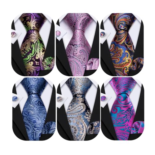 Image of Barry.Wang 6 PCS Men Ties Set Silk Business Fashion Woven Necktie Handkerchief Cufflinks Paisley Stripe Wedding Party