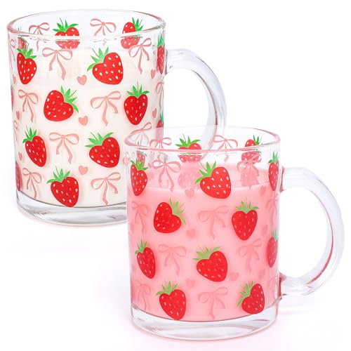 FYSUIMU 2Pcs Pink Bow Strawberry Printed Transparent Glass Cup Clear Glass Coffee Mugs with Handle 12Oz Cute Coffee Cups Beverage Drinking Glasses for Spring Summer Birthday Baby Shower Home Decor